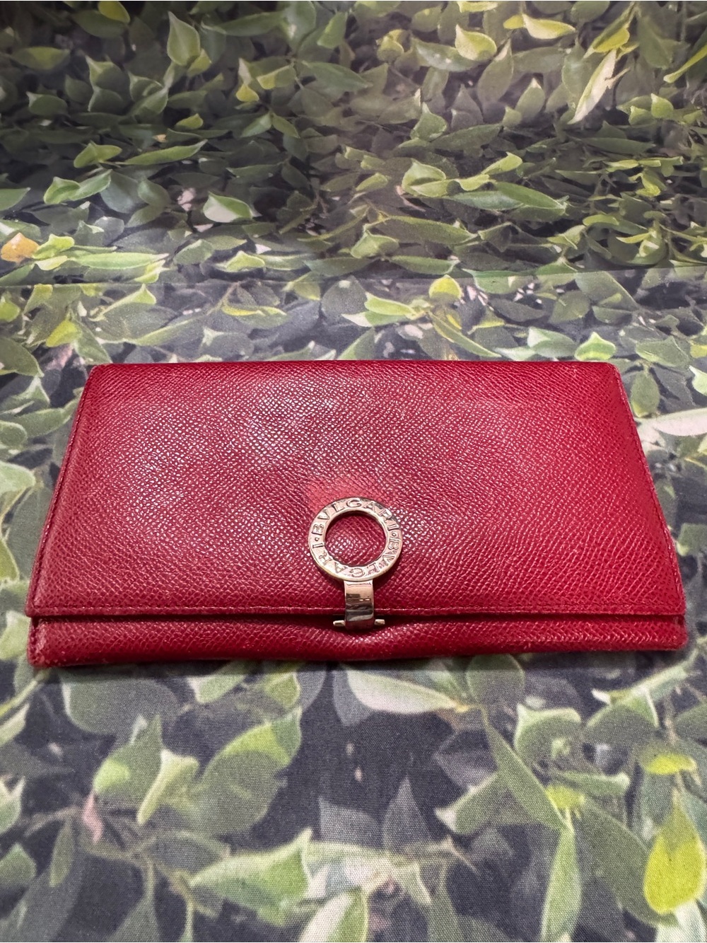Bulgari Burgundy Textured Leather Wallet with Signature Circular Clasp